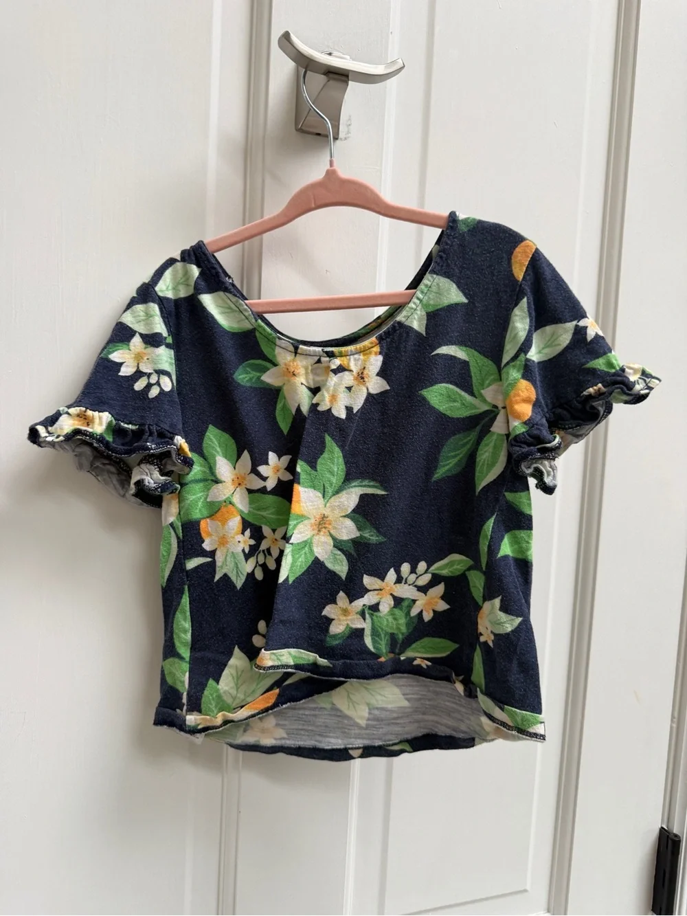 Old Navy Girls Navy Blue Floral Short Ruffle Sleeve Top Blouse Shirt